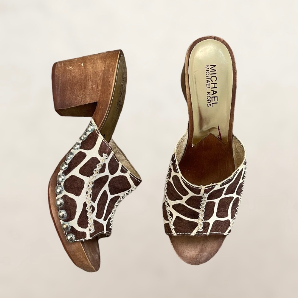 MICHAEL KORS Brown Creme Giraffe Printed Calf Hair Wooden Platform Heel Sandals